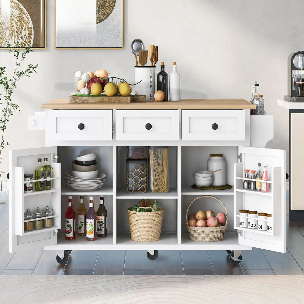 Kitchen Cart Rubber Wood Top On Wheels With Storage Cabinets & Drawers Media 1