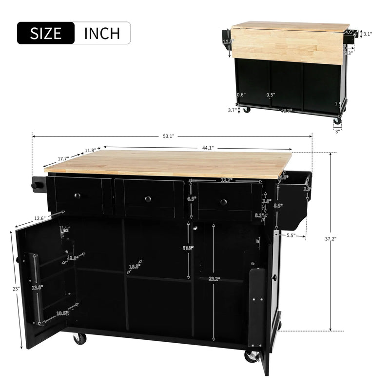 Kitchen Cart Rubber Wood Top Drop Leaf Design Storage Island On Wheels