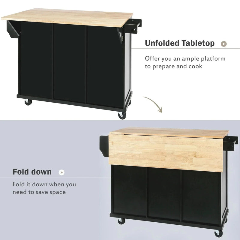 Kitchen Cart Rubber Wood Top Drop Leaf Design Storage Island On Wheels
