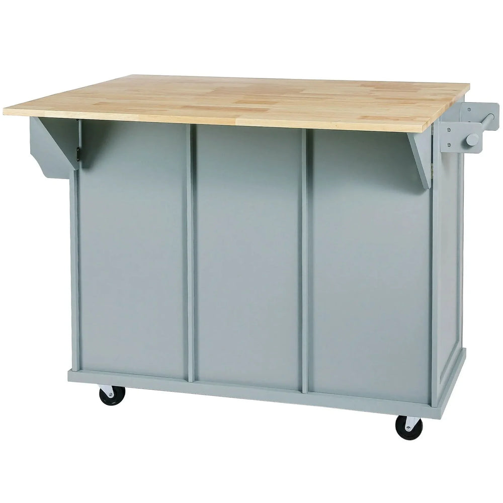 Kitchen Cart Rubber Wood Top & Drop Leaf & Storage Cabinet & 3 Drawers & 5 Wheels Media 13
