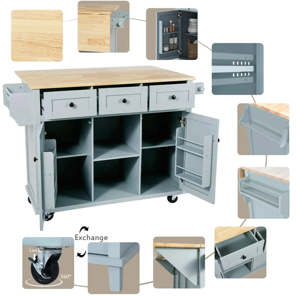 Kitchen Cart Rubber Wood Top & Drop Leaf & Storage Cabinet & 3 Drawers & 5 Wheels Media 8