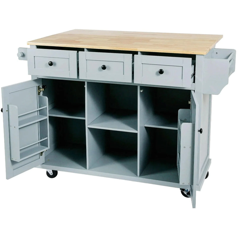 Kitchen Cart Rubber Wood Top & Drop Leaf & Storage Cabinet & 3 Drawers & 5 Wheels