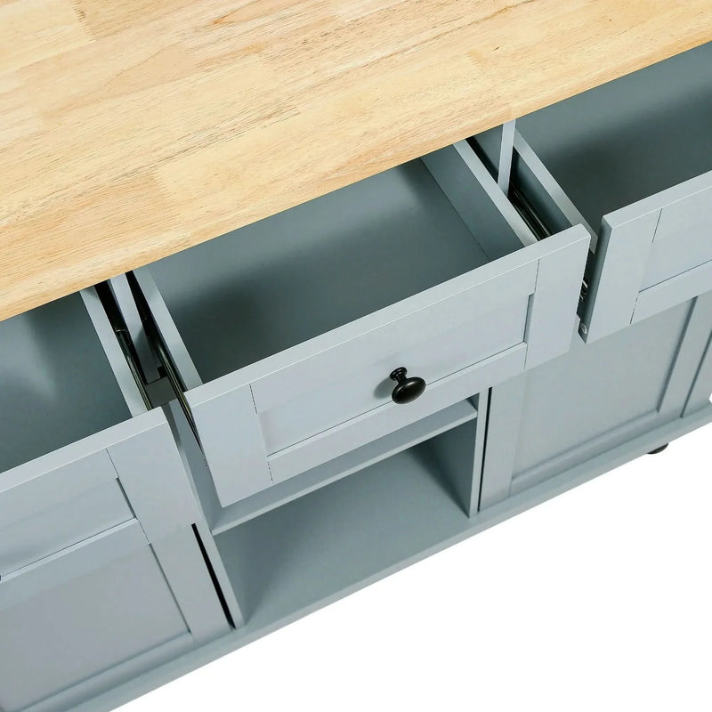 Kitchen Cart Rubber Wood Top & Drop Leaf & Storage Cabinet & 3 Drawers & 5 Wheels