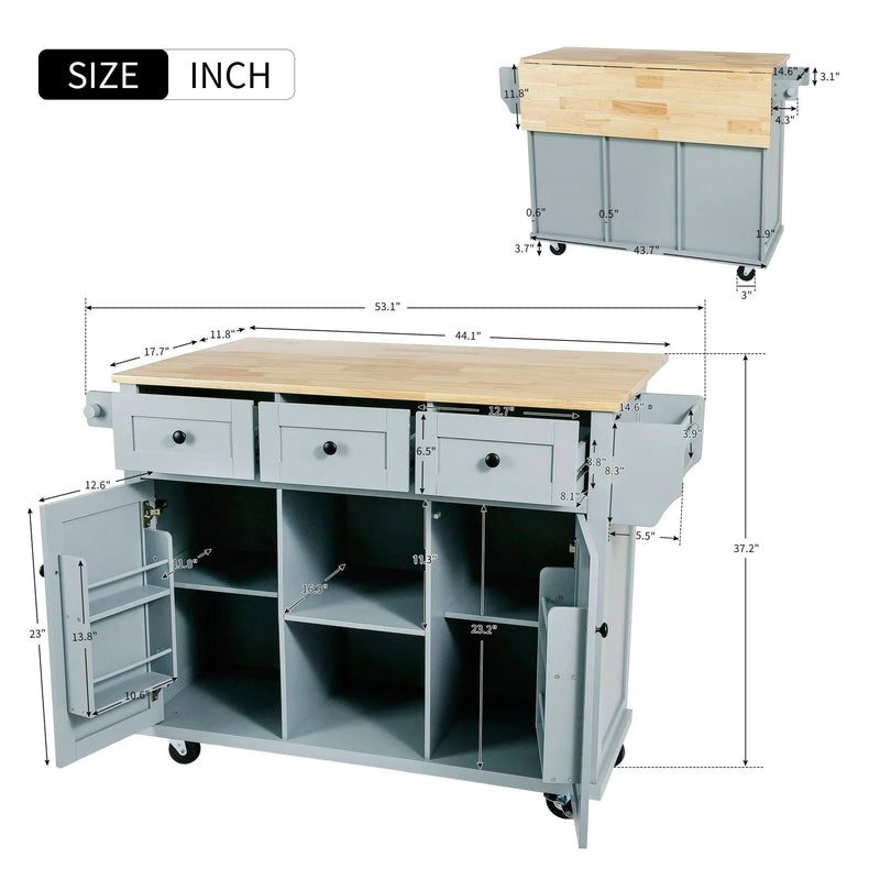 Kitchen Cart Rubber Wood Top & Drop Leaf & Storage Cabinet & 3 Drawers & 5 Wheels