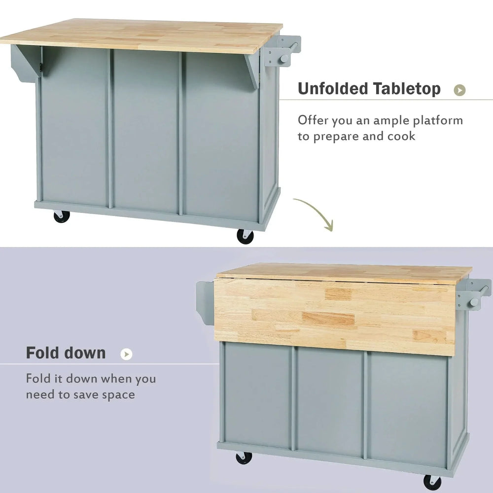 Kitchen Cart Rubber Wood Top & Drop Leaf & Storage Cabinet & 3 Drawers & 5 Wheels Media 5