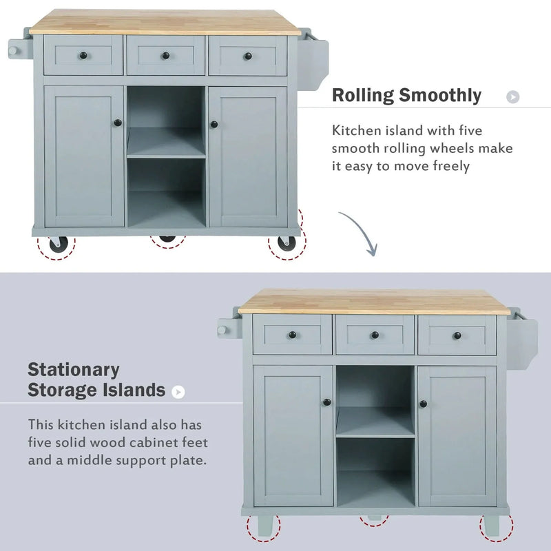 Kitchen Cart Rubber Wood Top & Drop Leaf & Storage Cabinet & 3 Drawers & 5 Wheels