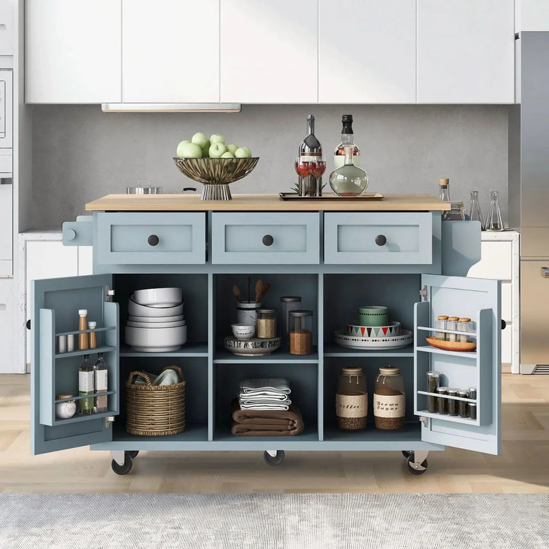 Kitchen Cart Rubber Wood Top & Drop Leaf & Storage Cabinet & 3 Drawers & 5 Wheels