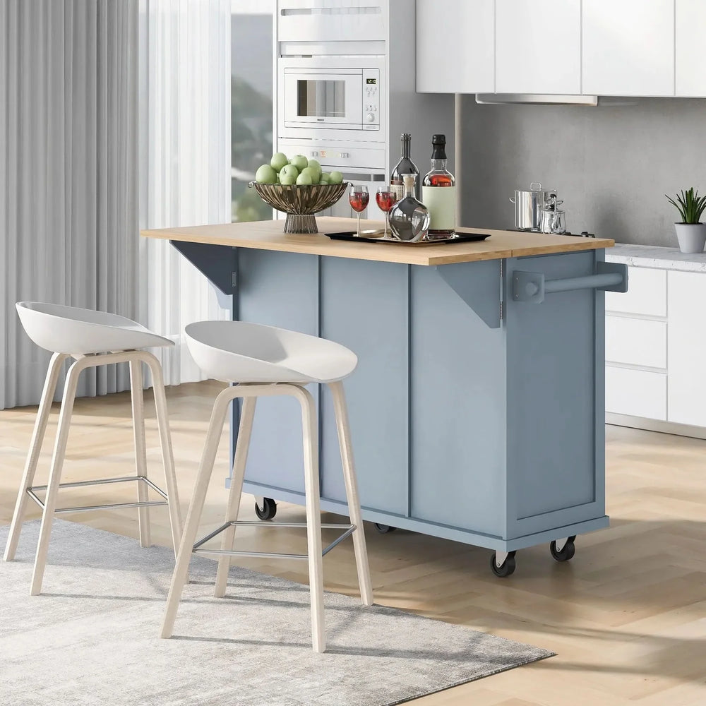 Kitchen Cart Rubber Wood Top & Drop Leaf & Storage Cabinet & 3 Drawers & 5 Wheels Media 3