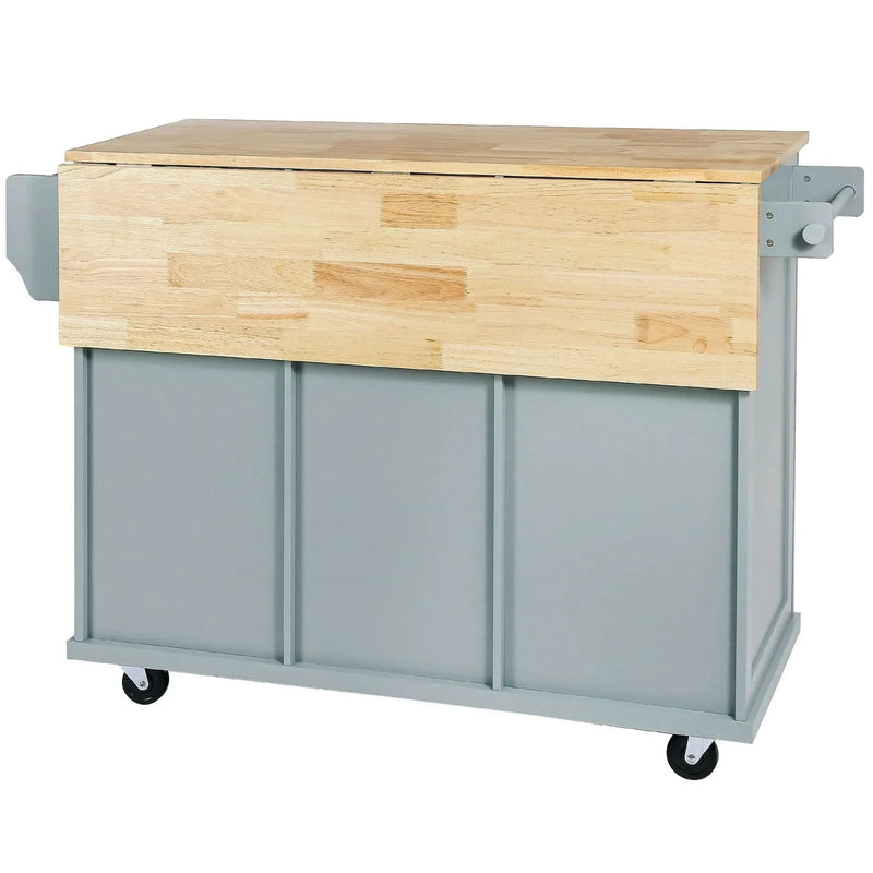 Kitchen Cart Rubber Wood Top & Drop Leaf & Storage Cabinet & 3 Drawers & 5 Wheels