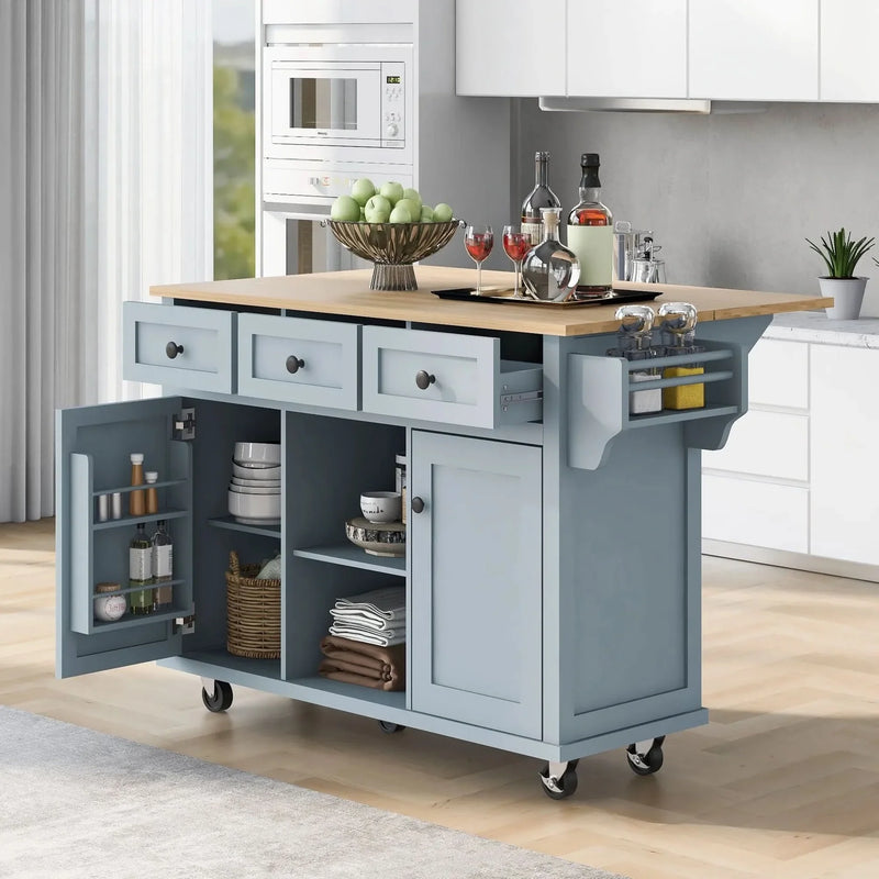 Kitchen Cart Rubber Wood Top & Drop Leaf & Storage Cabinet & 3 Drawers & 5 Wheels