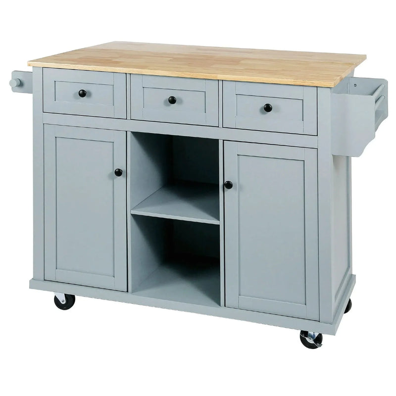 Kitchen Cart Rubber Wood Top & Drop Leaf & Storage Cabinet & 3 Drawers & 5 Wheels