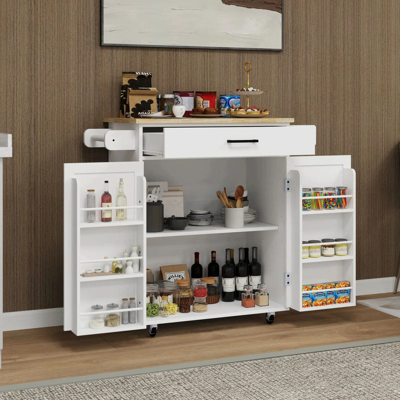 Kitchen Island Cart Solid Wood & MDF Top With Storage Shelves On Wheels White