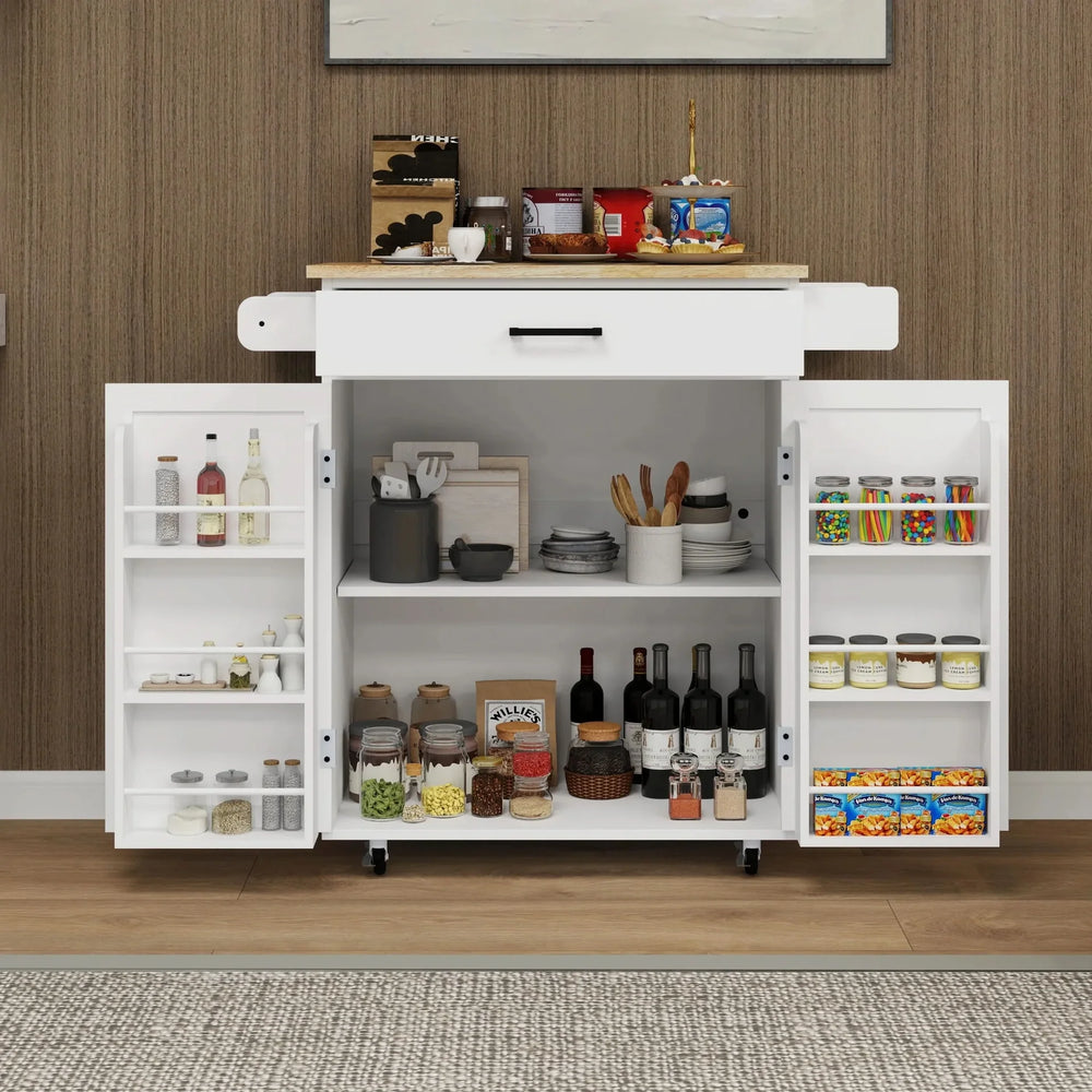 Kitchen Island Cart Solid Wood & MDF Top With Storage Shelves On Wheels White Media 3