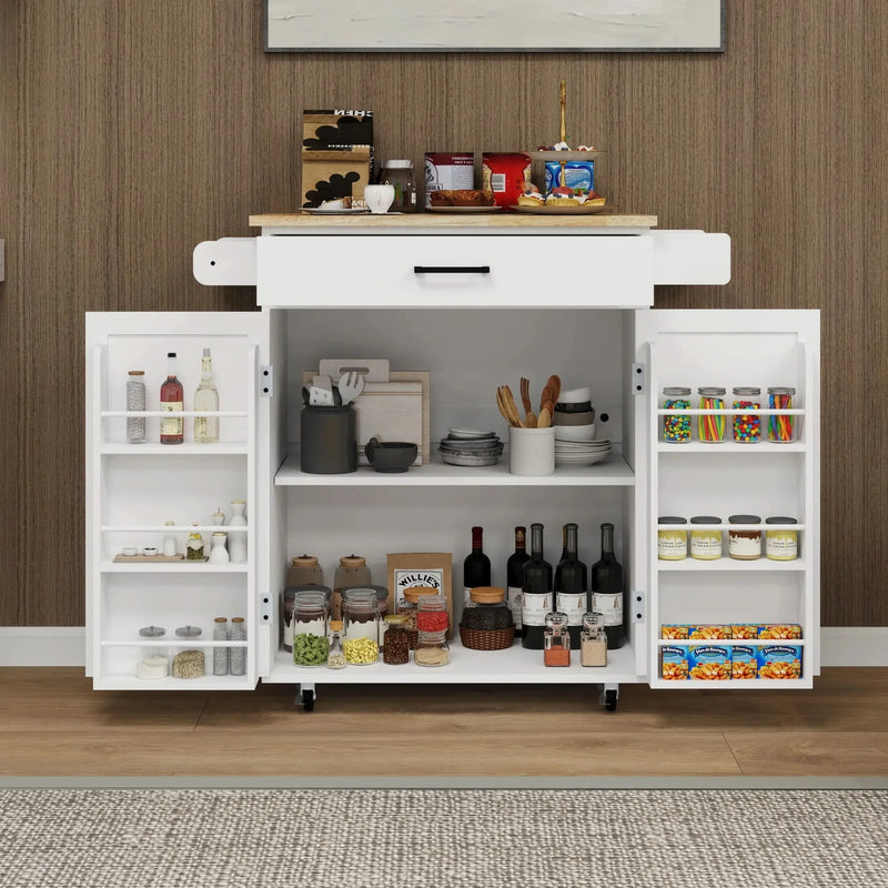 Kitchen Island Cart Solid Wood & MDF Top With Storage Shelves On Wheels White