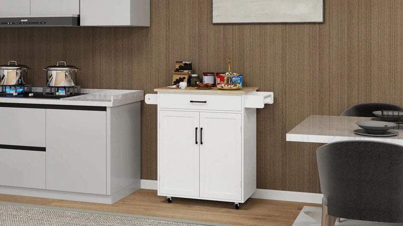 Kitchen Island Cart Solid Wood & MDF Top With Storage Shelves On Wheels White