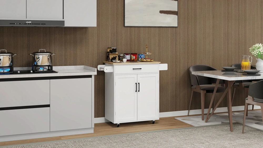 Kitchen Island Cart Solid Wood & MDF Top With Storage Shelves On Wheels White Media 10