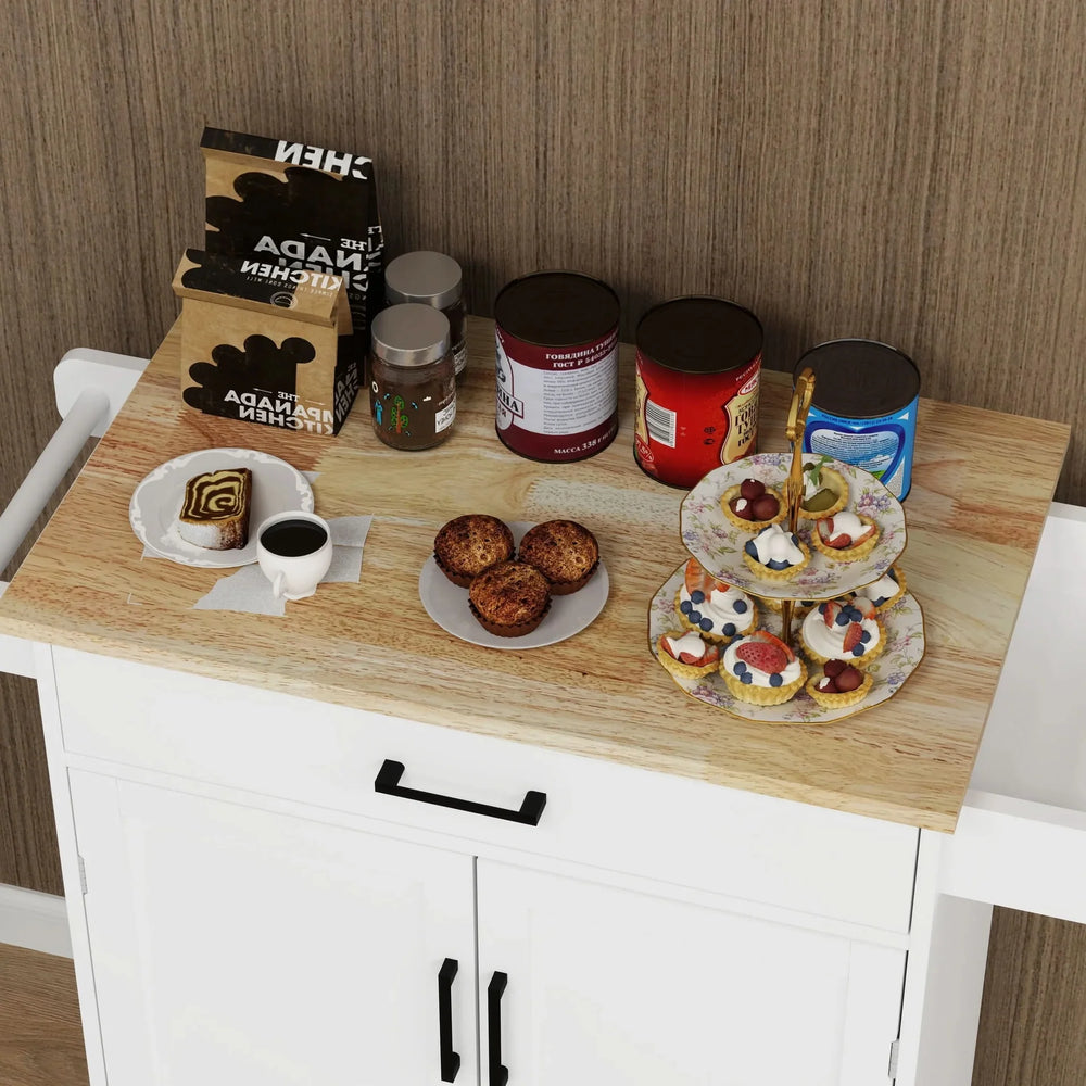 Kitchen Island Cart Solid Wood & MDF Top With Storage Shelves On Wheels White Media 7