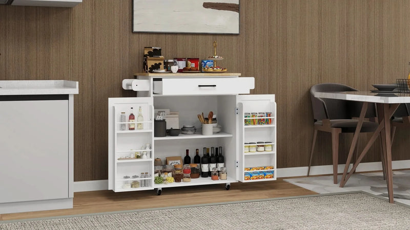 Kitchen Island Cart Solid Wood & MDF Top With Storage Shelves On Wheels White