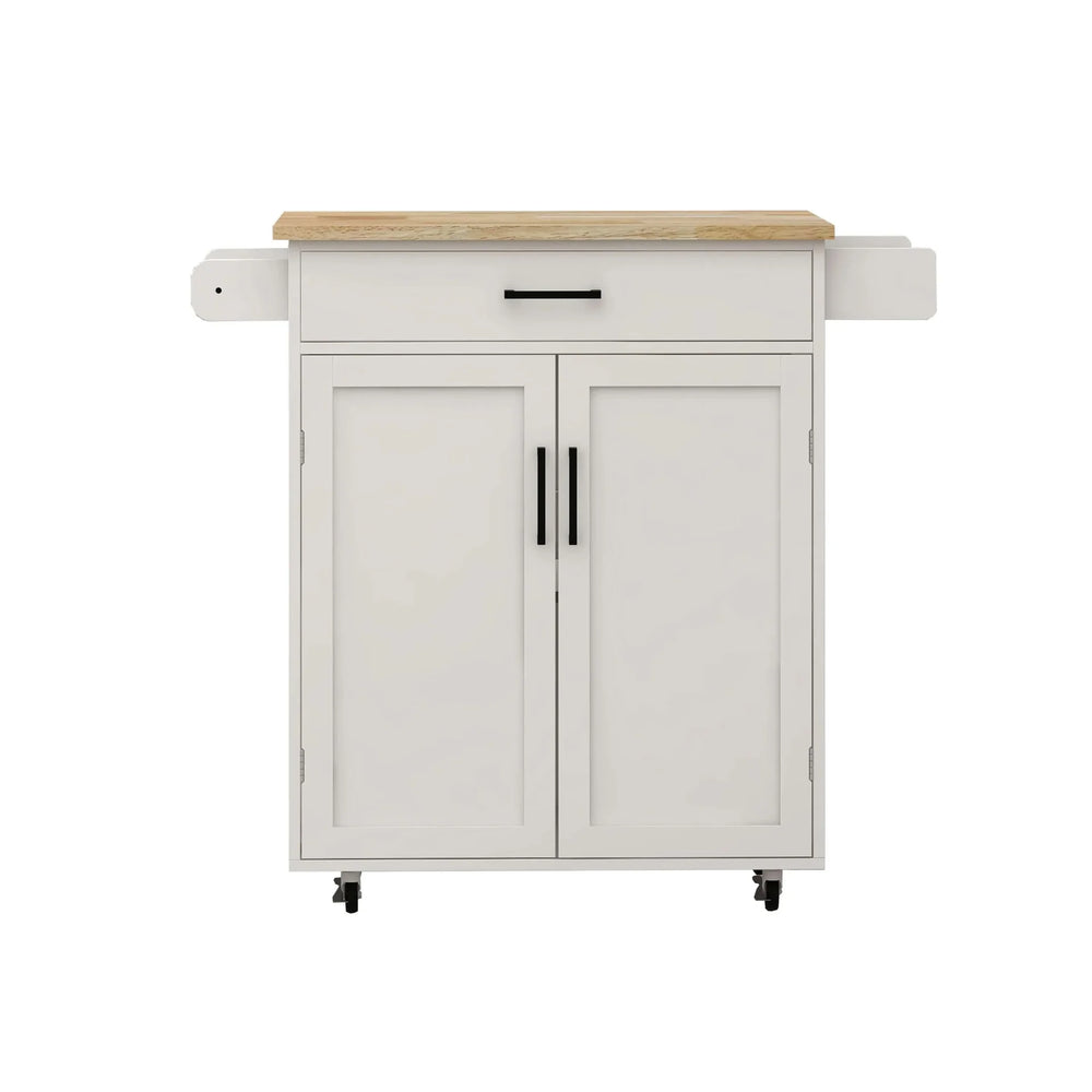 Kitchen Island Cart Solid Wood & MDF Top With Storage Shelves On Wheels White Media 14