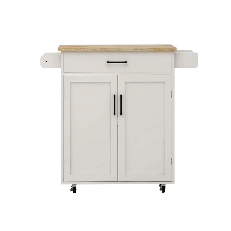 Kitchen Island Cart Solid Wood & MDF Top With Storage Shelves On Wheels White