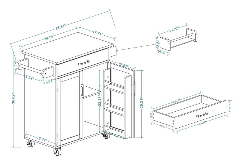 Kitchen Island Cart Solid Wood & MDF Top With Storage Shelves On Wheels White