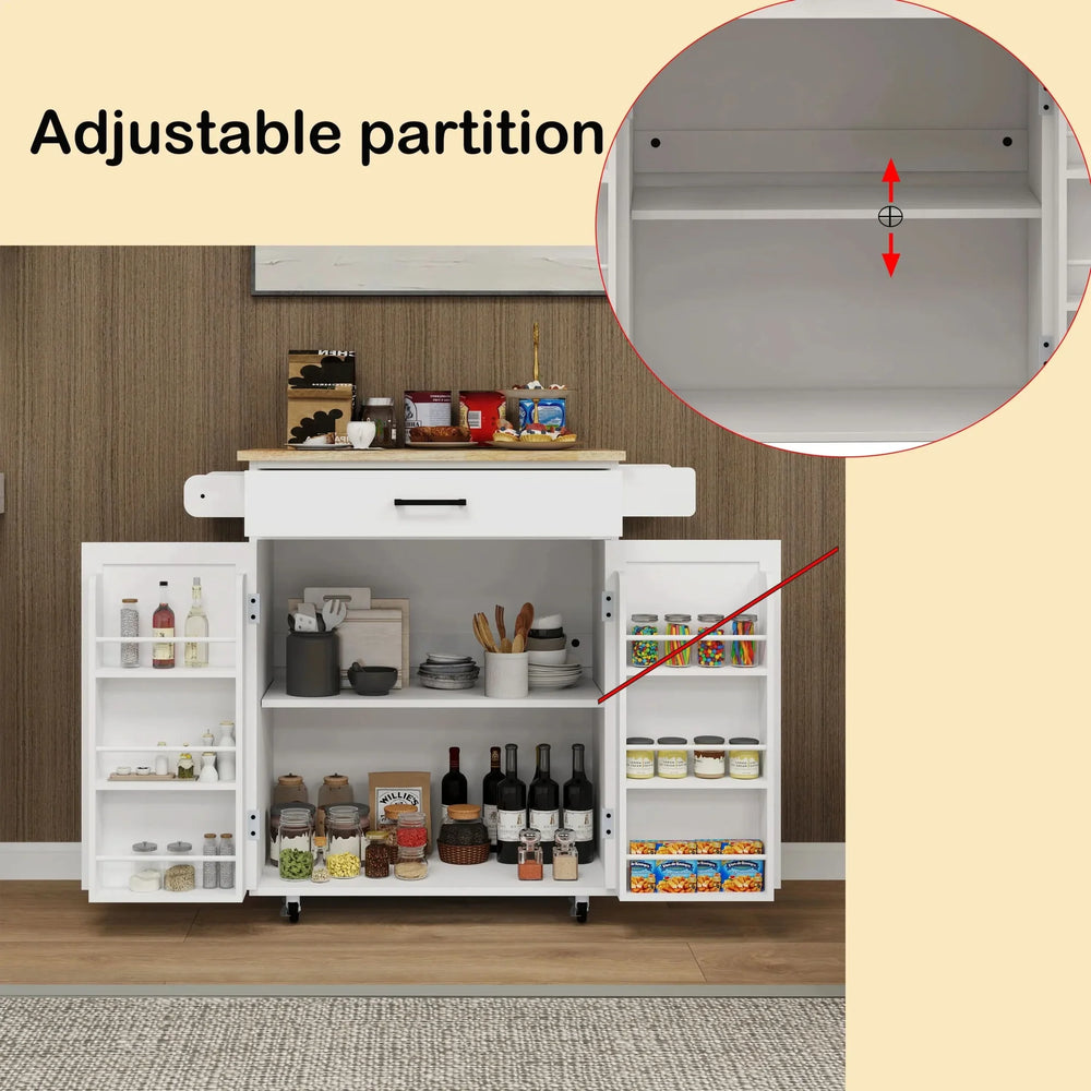 Kitchen Island Cart Solid Wood & MDF Top With Storage Shelves On Wheels White Media 5