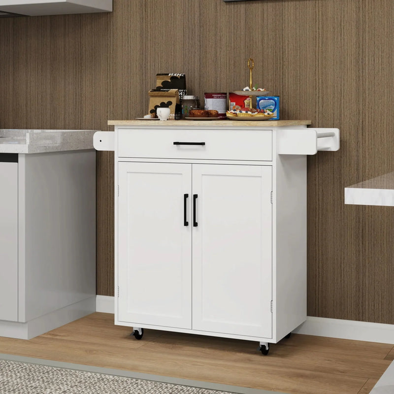 Kitchen Island Cart Solid Wood & MDF Top With Storage Shelves On Wheels White