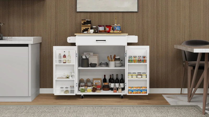 Kitchen Island Cart Solid Wood & MDF Top With Storage Shelves On Wheels White