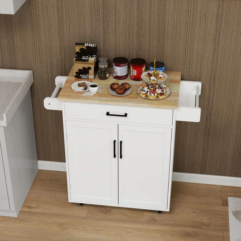 Kitchen Island Cart Solid Wood & MDF Top With Storage Shelves On Wheels White