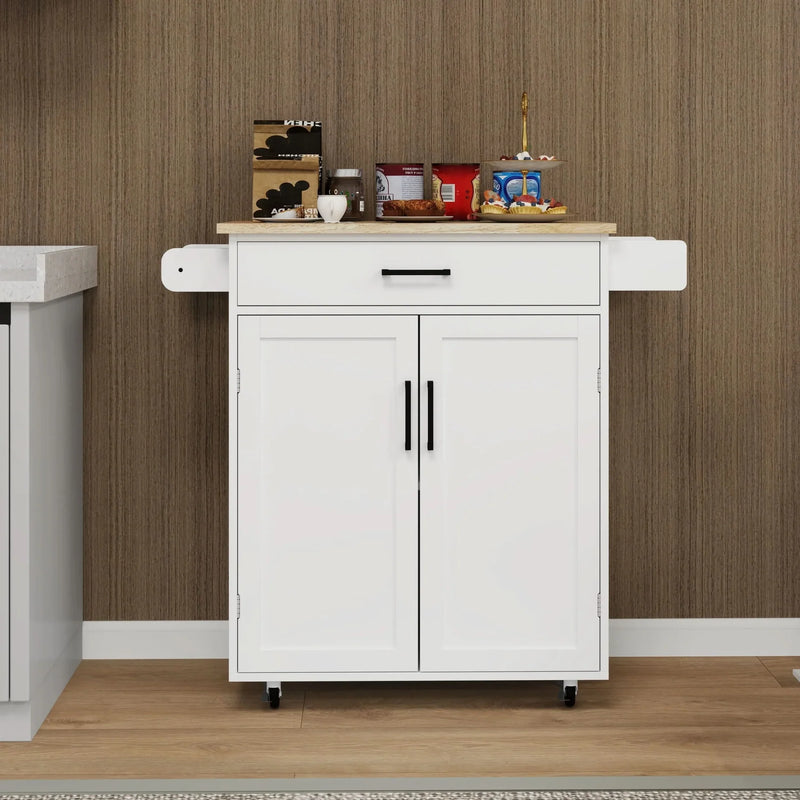 Kitchen Island Cart Solid Wood & MDF Top With Storage Shelves On Wheels White