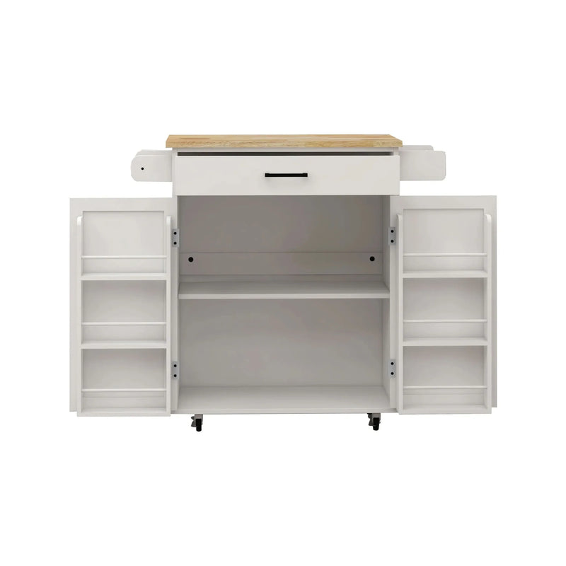 Kitchen Island Cart Solid Wood & MDF Top With Storage Shelves On Wheels White