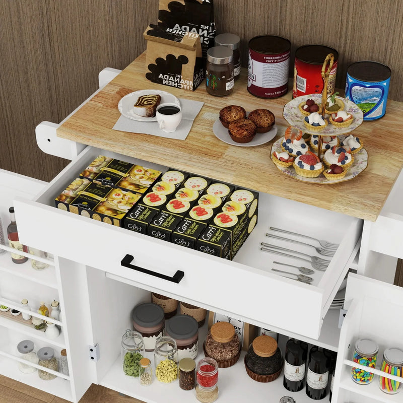 Kitchen Island Cart Solid Wood & MDF Top With Storage Shelves On Wheels White