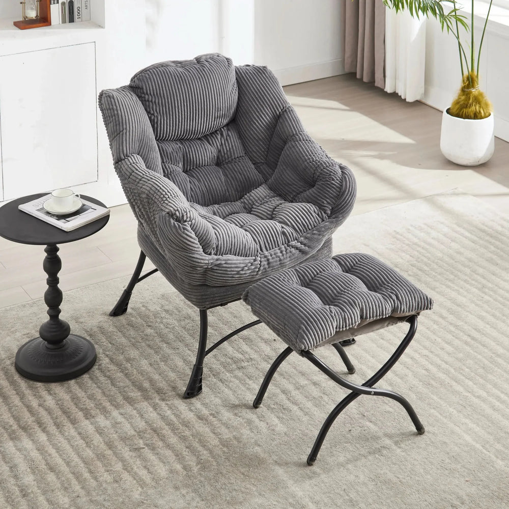 Lazy Chair with Ottoman, Modern Lounge Accent Chair with Armrests and a Side Pocket, Leisure Upholstered Sofa Chair Reading Chair with Footrest for Small Space, Corner Chair-Grey Media 2