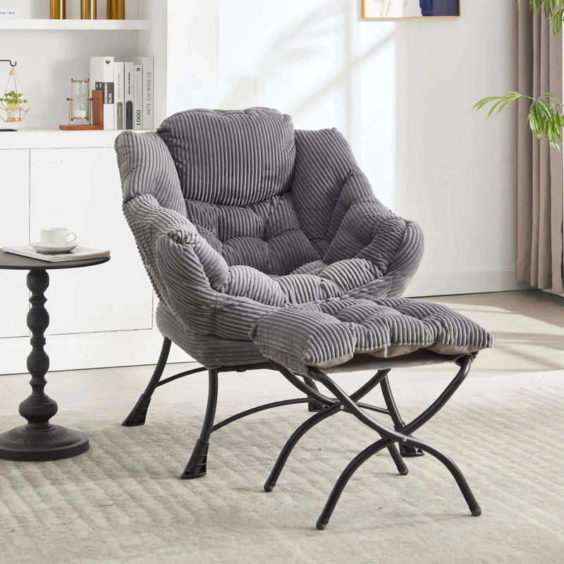 Lazy Chair with Ottoman, Modern Lounge Accent Chair with Armrests and a Side Pocket, Leisure Upholstered Sofa Chair Reading Chair with Footrest for Small Space, Corner Chair-Grey