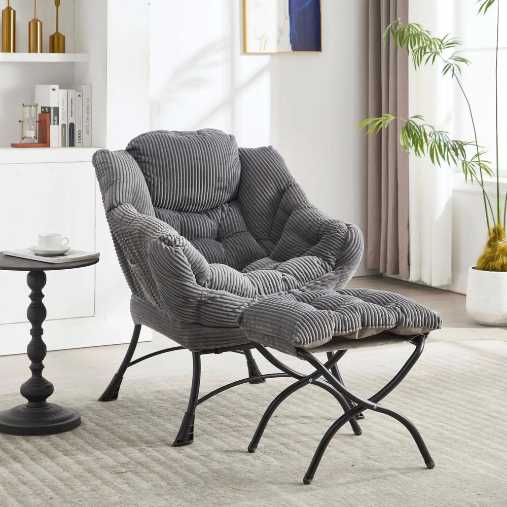 Lazy Chair with Ottoman, Modern Lounge Accent Chair with Armrests and a Side Pocket, Leisure Upholstered Sofa Chair Reading Chair with Footrest for Small Space, Corner Chair-Grey Media 1