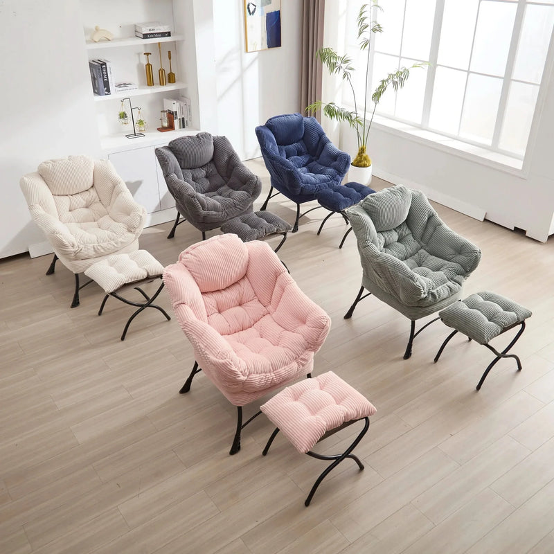 Lazy Chair with Ottoman, Modern Lounge Accent Chair with Armrests and a Side Pocket, Leisure Upholstered Sofa Chair Reading Chair with Footrest for Small Space, Corner Chair-Grey