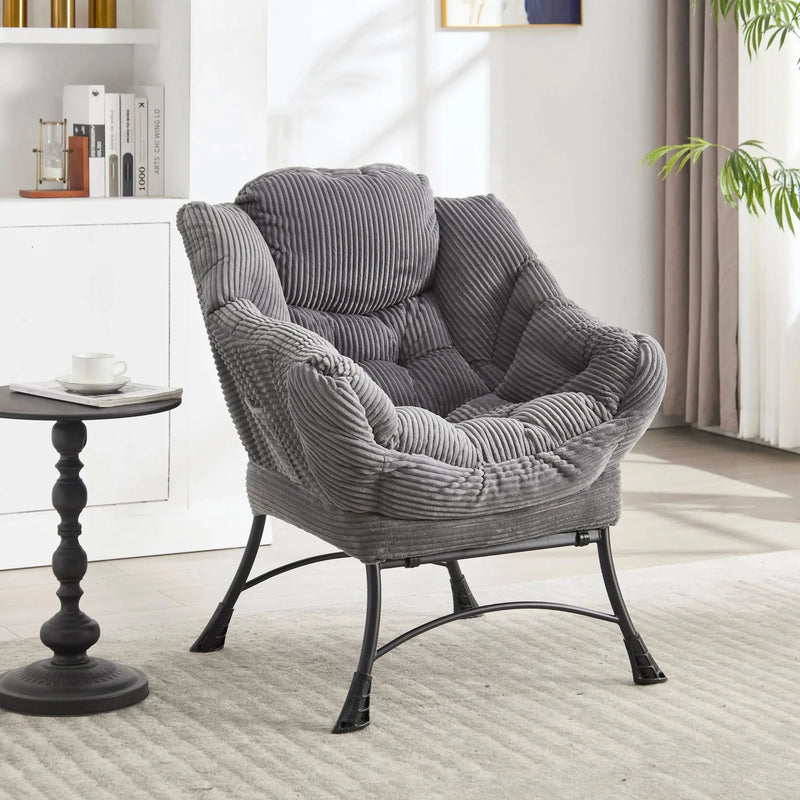 Lazy Chair with Ottoman, Modern Lounge Accent Chair with Armrests and a Side Pocket, Leisure Upholstered Sofa Chair Reading Chair with Footrest for Small Space, Corner Chair-Grey
