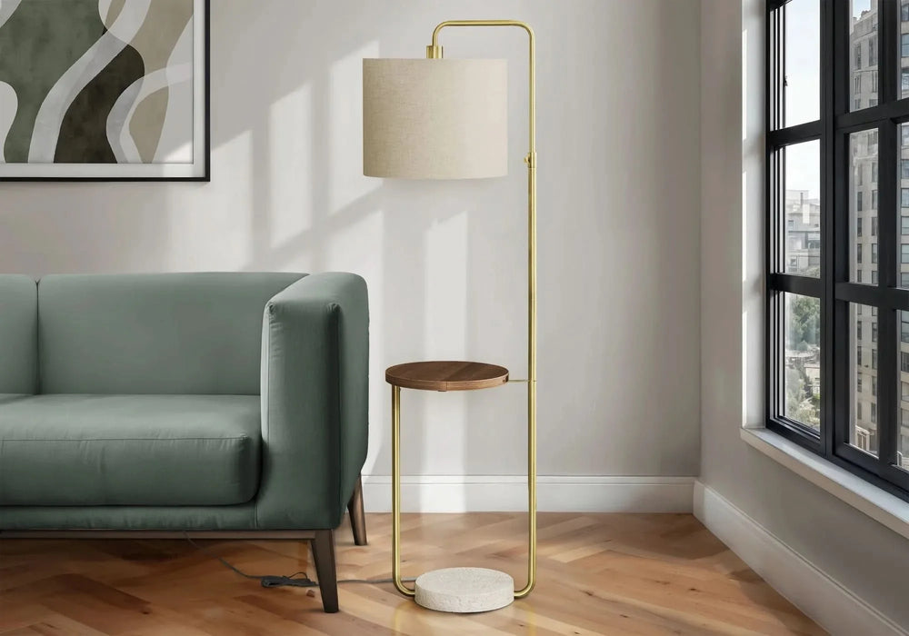 Floor Lamp Brass USB Port Included Beige Shade Contemporary Living Media 1