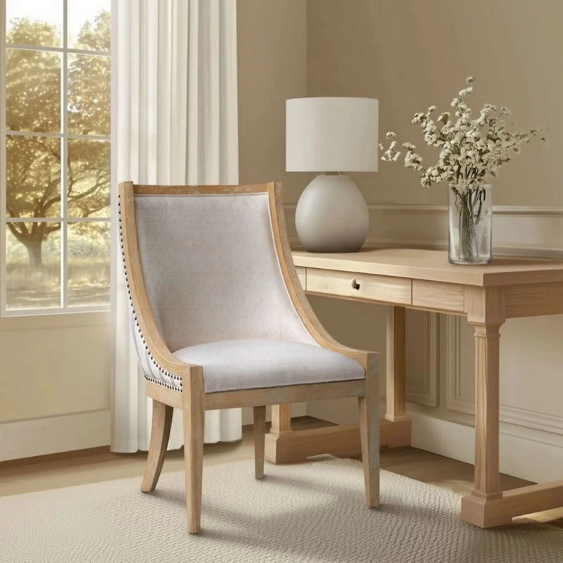 Upholstered Dining Chair Beige Upholstery Nailhead Trim Solid Wood