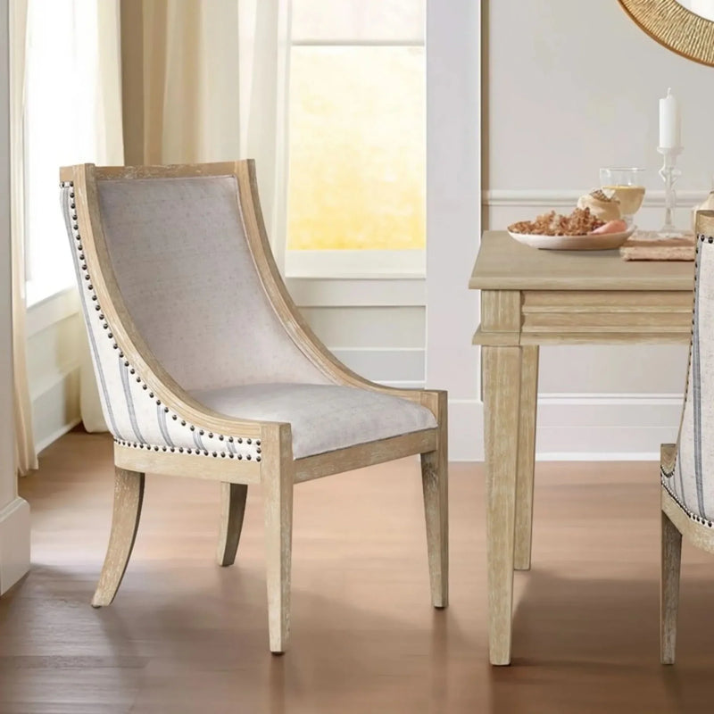 Upholstered Dining Chair Beige Upholstery Nailhead Trim Solid Wood