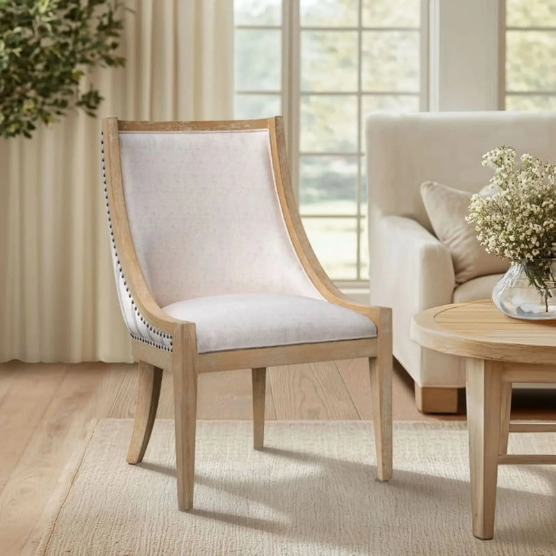 Upholstered Dining Chair Beige Upholstery Nailhead Trim Solid Wood