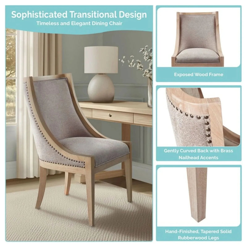Upholstered Dining Chair Beige Upholstery Nailhead Trim Solid Wood
