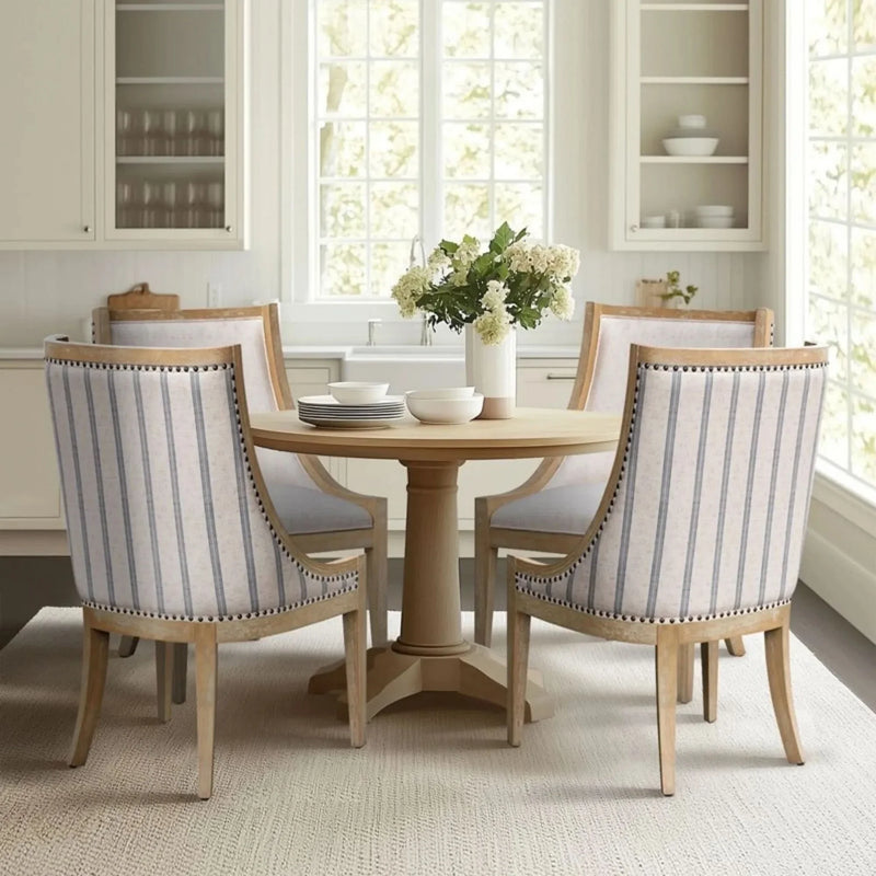Upholstered Dining Chair Beige Upholstery Nailhead Trim Solid Wood