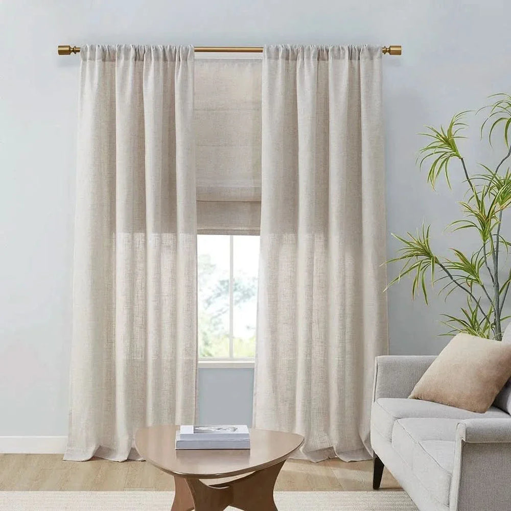 Linen Blend Curtains Polyester Light Filtering Panel Pair For Windows Media 1