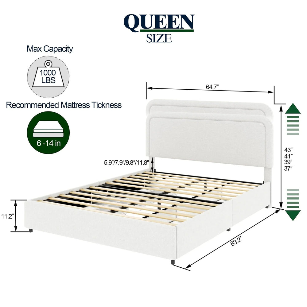 Liv Queen Size Ivory Boucle Upholstered Platform Bed with 4-Drawer Storage and Adjustable Tufted Headboard - DTY Store