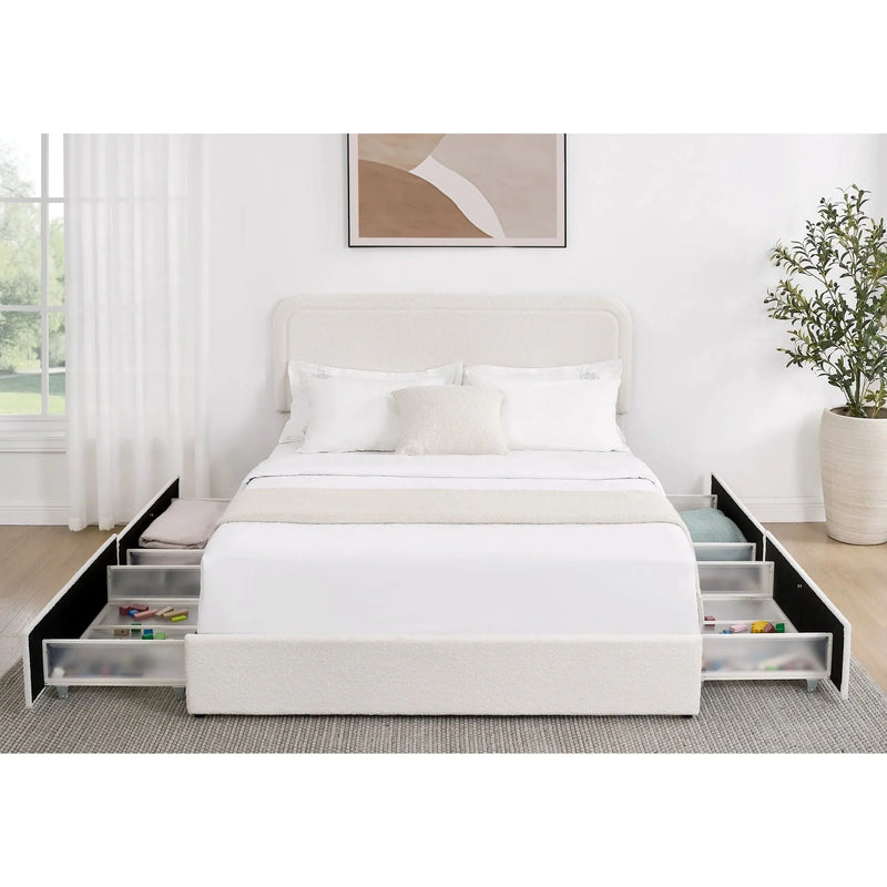 Queen Bed Ivory Boucle Upholstered 4-Drawer Storage Tufted Headboard