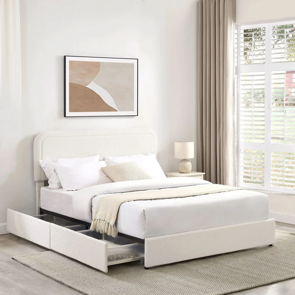 Liv Queen Size Ivory Boucle Upholstered Platform Bed with 4-Drawer Storage and Adjustable Tufted Headboard - DTY Store