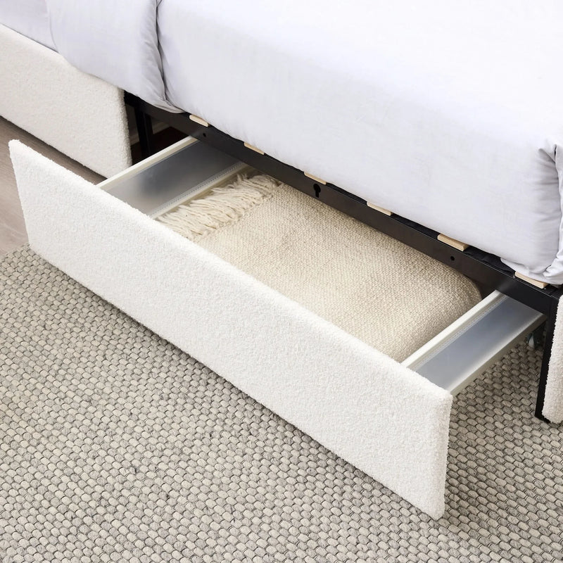Queen Bed Ivory Boucle Upholstered 4-Drawer Storage Tufted Headboard