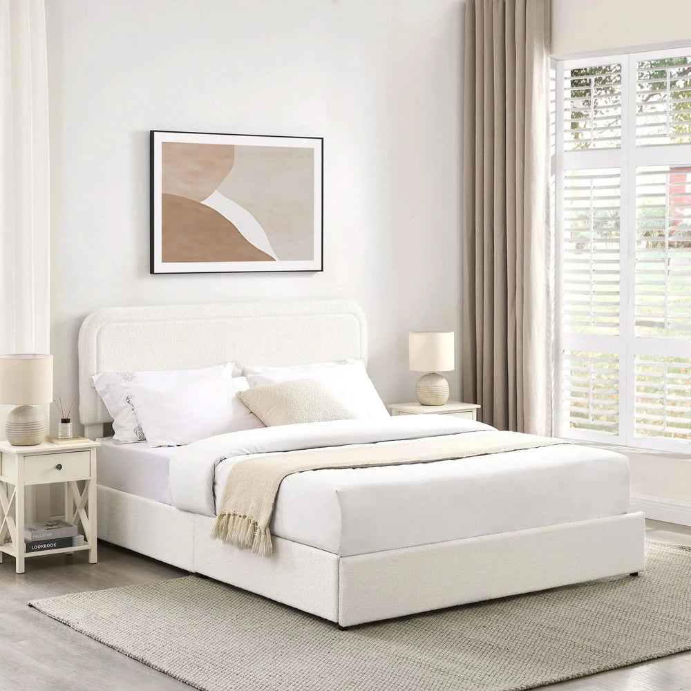 Liv Queen Size Ivory Boucle Upholstered Platform Bed with 4-Drawer Storage and Adjustable Tufted Headboard - DTY Store