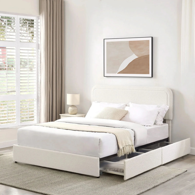 Queen Bed Ivory Boucle Upholstered 4-Drawer Storage Tufted Headboard